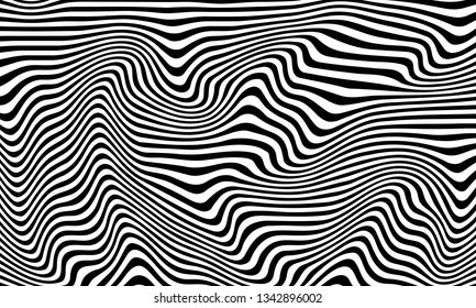 Striped curved pattern. Black and white stripes. Optical illusion. Abstract background. Vector illustration