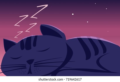 Striped cute cat sleeping on a background of the starry sky, children`s drawing.