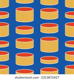 Striped cylinders seamless pattern. Stylish pattern design. Geometric shapes pattern. Yellow, orange, blue colors. Vector seamless geometric colorful background.