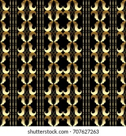 Striped damask seamless pattern. Floral black vector background with gold vertical stripes and antique ornaments in baroque style. Surface endless texture for fabrics, wallpapers, textile, prints. 