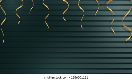 Striped dark green realistic metallic or glossy wood background with gold serpentine ribbons. Vector.