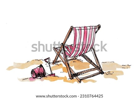 Striped deck chair, beach, seaside, bucket and spade, vacation, holiday. Watercolor sketch illustration. Isolated vector.