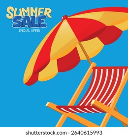 Striped Deck Chair with Beach Umbrella Vector Illustration. The scene evokes a relaxing summer day at the beach, ideal for travel ads, vacation brochures, and summer-themed designs.