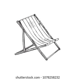 Striped Deck Chair, Hand Drawn Doodle, Sketch In Pop Art Style, Black And White Vector Illustration