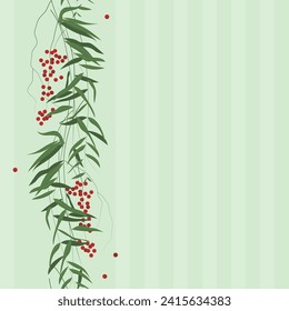 Striped delicate green pattern with twigs and red berries Vector