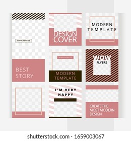 Striped design in delicate beige shades. Set of square templates for instagram design of social networks, posts and print with windows for images.
