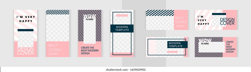 Striped design in delicate pink shades. Modern style. Set of vertical and horizontal banners templates for design of social networks, instagram story and print with windows for images. 