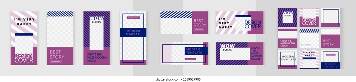 Striped design in delicate purple shades. Modern style. Big set of vertical, horizontal and square templates for design of social networks, instagram story and print with windows for images.
