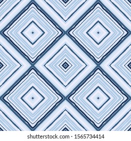 Striped diagonal rectangle seamless pattern. Square rhombus lines with torn paper effect. Ethnic winter background. Blue colored. Vector