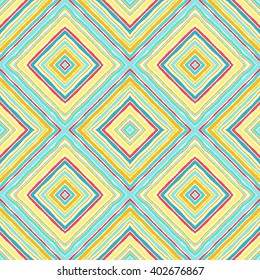 Striped diagonal rectangle seamless pattern. Square rhombus lines with torn paper effect. Ethnic background. Blue, yellow, pink, rosy, white colors. Vector