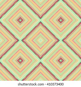 Striped diagonal rectangle seamless pattern. Square rhombus lines with torn paper effect. Ethnic background. Green, yellow, red colors. Vector