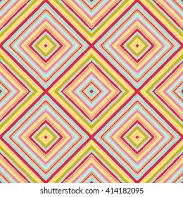 Striped diagonal rectangle seamless pattern. Square rhombus lines with torn paper effect. Ethnic background. Yellow, pink, blue, white colors. Vector