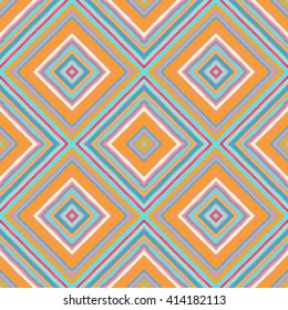 Striped diagonal rectangle seamless pattern. Square rhombus lines with torn paper effect. Ethnic background. Yellow, pink, orange, blue, white colors. Vector