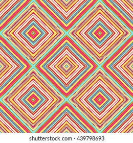 Striped diagonal rectangle seamless pattern. Square rhombus lines with torn paper effect. Ethnic background. Pink, orange, blue, white colors. Vector