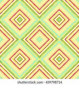 Striped diagonal rectangle seamless pattern. Square rhombus lines with torn paper effect. Ethnic background. Yellow, pink, orange, green, white colors. Vector