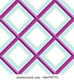 Striped diagonal rectangle seamless pattern. Square rhombus lines with shadow effect. Geometric background. Gray, blue, lilac on white colored. Vector