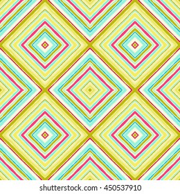 Striped diagonal rectangle seamless pattern. Square rhombus lines with torn paper effect. Ethnic background. Yellow, blue, aqua, magenta colors. Vector