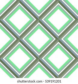 Striped diagonal rectangle seamless pattern. Square rhombus lines with shadow effect. Geometric background. Gray, green, blue on white colored. Vector