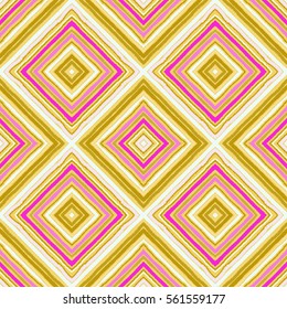 Striped diagonal rectangle seamless pattern. Square rhombus lines with torn paper effect. Ethnic background. Rosy, green, blue, yellow colors. Vector