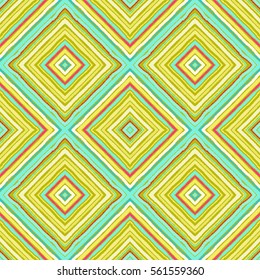 Striped diagonal rectangle seamless pattern. Square rhombus lines with torn paper effect. Ethnic background. Red, orange, green, colors. Vector