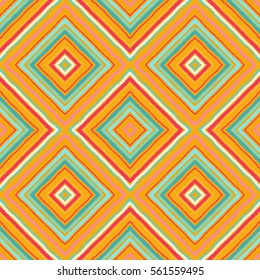 Striped diagonal rectangle seamless pattern. Square rhombus lines with torn paper effect. Ethnic background. Red, orange, green, colors. Vector