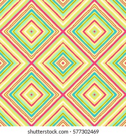 Striped diagonal rectangle seamless pattern. Square rhombus lines with torn paper effect. Ethnic background. Red, orange, green, colors. Vector