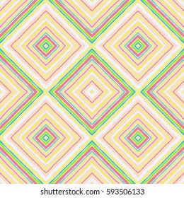 Striped diagonal rectangle seamless pattern. Square rhombus lines with torn paper effect. Ethnic background. Green, pink, blue, yellow colors. Vector