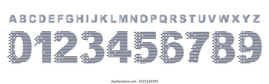 Striped digital font, futuristic tech numbers and letter design, featuring horizontal lines for sports branding, jersey numbers, team merchandise. Vector typeset