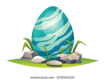 Striped dinosaur egg sitting in grassy area with rocks and plants around. Vector cartoon illustration.