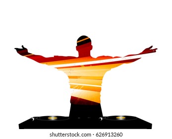 Striped DJ Silhouette with Record Deck Over White Background