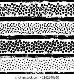 Striped Dots pattern. Seamless irregular hand drawn background. Grunge painted lines. Distress texture. Vector graphic print.