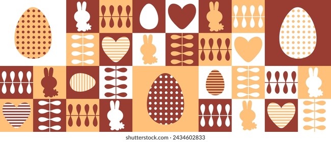 Striped and dotted eggs, rabbits and hearts Easter horizontal banner. Perfect print for card, cup, mug. Great spring design for any project.