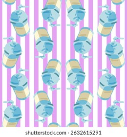 Striped Drink Cup Seamless Pattern featuring cartoon-style plastic beverage containers with lids and straws, arranged on a vertical pink and white striped background.