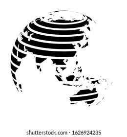 Striped Earth globe focused on Asia. Black vector illustration.