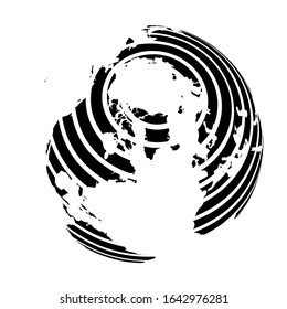 Striped Earth globe focused on North America and Antarctica with North Pole. Black vector illustration.