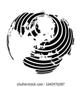 Striped Earth globe focused on Europe and Antarctica with North Pole. Black vector illustration.