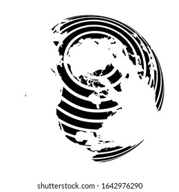 Striped Earth globe focused on North America and Antarctica with North Pole. Black vector illustration.