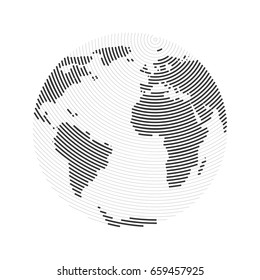 Striped Earth Planet with Continents in Engraving Style on White Background. Stylish Vector Illustration