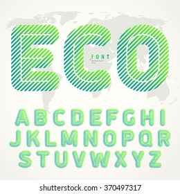 Striped ECO font. Roundish letters with slanted green lines. Best to use for eco posters, bio labels, in presentations headlines and titles for conferences. Vector illustration.