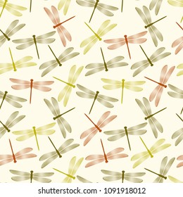 Striped elegant dragonflies in yellow and red seamless pattern, vector