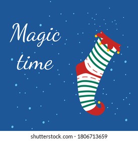 Striped elf sock or stocking with ruffles and bells.Merry Xmas and Happy New Year 2021 gift card.Traditional festive Christmas colors.Magic winter time for family reunion.Special offer coupon or flyer