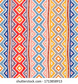 Striped embroidered pattern. Print for home decor, sofa, pillows, carpets, textiles. Vertical orientation. Handwork. Vector illustration.