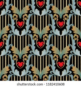 Striped embroidery Baroque 3d seamless pattern. Vintage vector textured background. Abstract grunge wallpaper. Floral tapestry ornaments with embroidered baroque flowers, scroll leaves, gold stripes