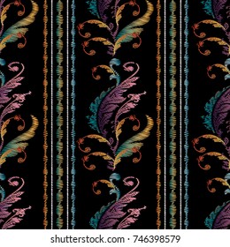 Striped embroidery Baroque seamless pattern. Vintage vector background. Abstract grunge wallpaper. Floral tapestry ornaments with embroidered baroque flowers, scroll leaves, vertical border stripes.