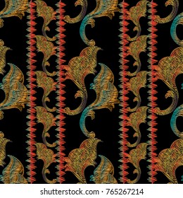 Striped embroidery baroque seamless pattern. Vector colorful floral tapestry  background. Grunge wallpaper fabric. Embroidered ornaments in baroque style. Hatching flowers, leaves, stripes, borders