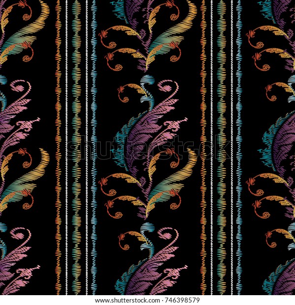 縞模様の刺しゅうバロックシームレスな模様 ビンテージベクター画像の背景 抽象的なグランジ壁紙 花のタペストリーの装飾で 刺繍のバロック花 巻き葉 縦の縁取り縞が入っている のベクター画像素材 ロイヤリティフリー