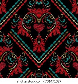 Striped embroidery Baroque seamless pattern.Embroidered grunge floral background. Hatching vector texture. Tapestry damask wallpaper. Red scroll flowers, leaves, dots, stripes and love hearts ornament