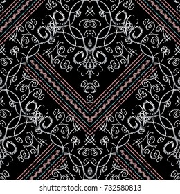 Striped embroidery Baroque seamless pattern.Embroidered grunge floral background. Hatching vector texture. Tapestry damask wallpaper. scroll flowers, leaves and modern floral ornaments.