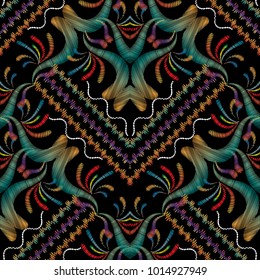Striped embroidery floral seamless pattern. Tapestry damask abstract flowers, swirls, waves. Grunge hand drawn ornaments with embroidered shapes, zigzag, rhombus, lines. Design for wallpaper, fabric