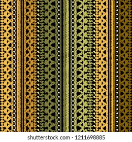 Striped embroidery vector seamless pattern. Grunge tapestry vertical stripes, borders. Geometric ethnic style tribal background. Embroidered colorful design for fabric, wallpaper, printing, textile.